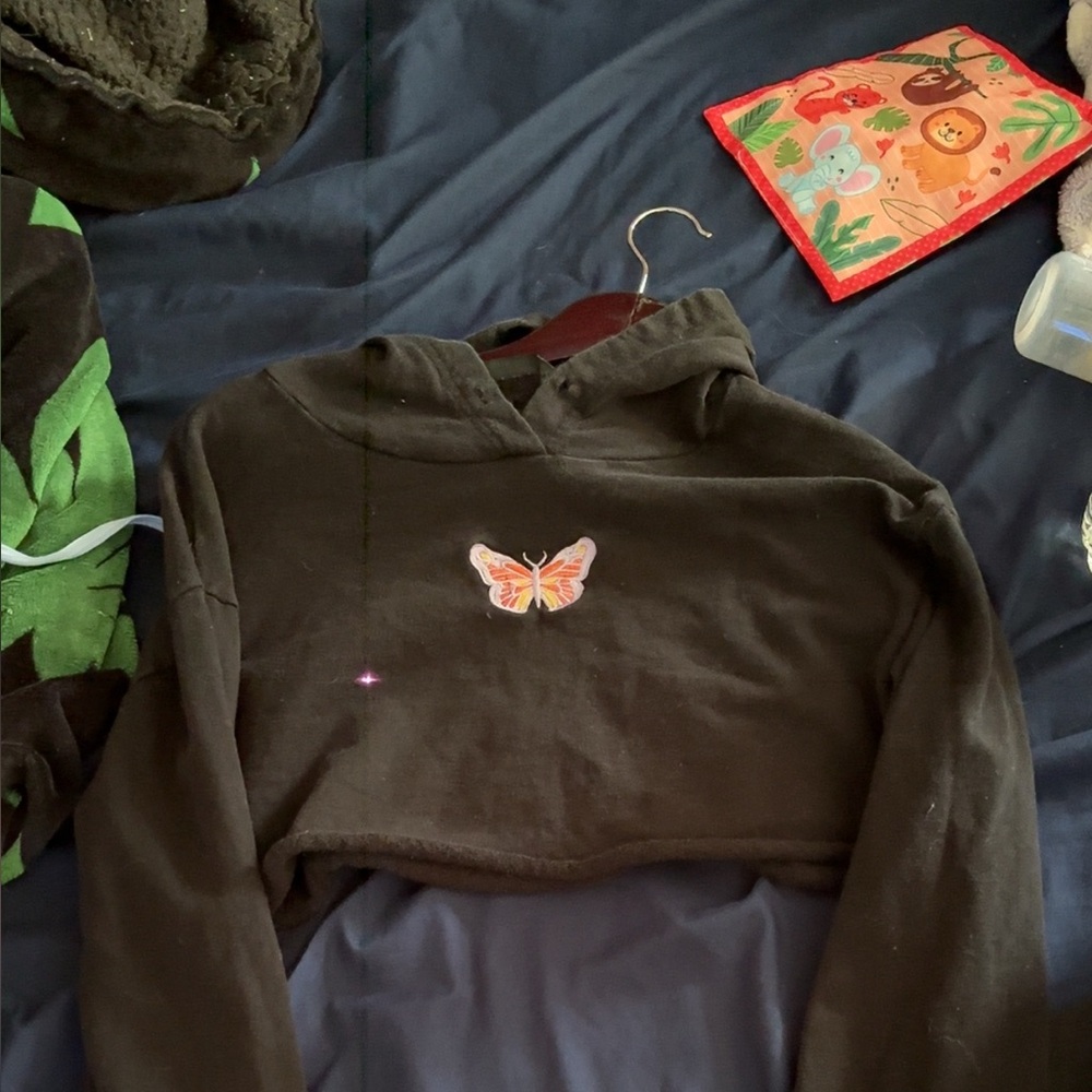 Black Cropped Hoodie with Butterfly Patch